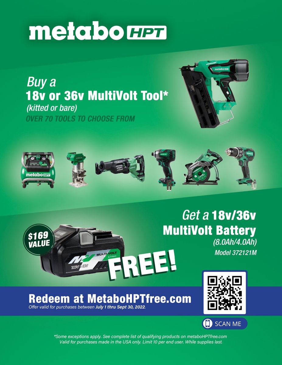 BurnsTools's tweet image. Hi everyone, excited to bring you an opportunity to buy into the #MetaboHPT cordless system! Now until September 30th, 2022, buy any cordless bare tool or kit from Metabo &amp;amp; automatically qualify for a free battery through rebate. Come to #BurnsPowerTools or order online today!