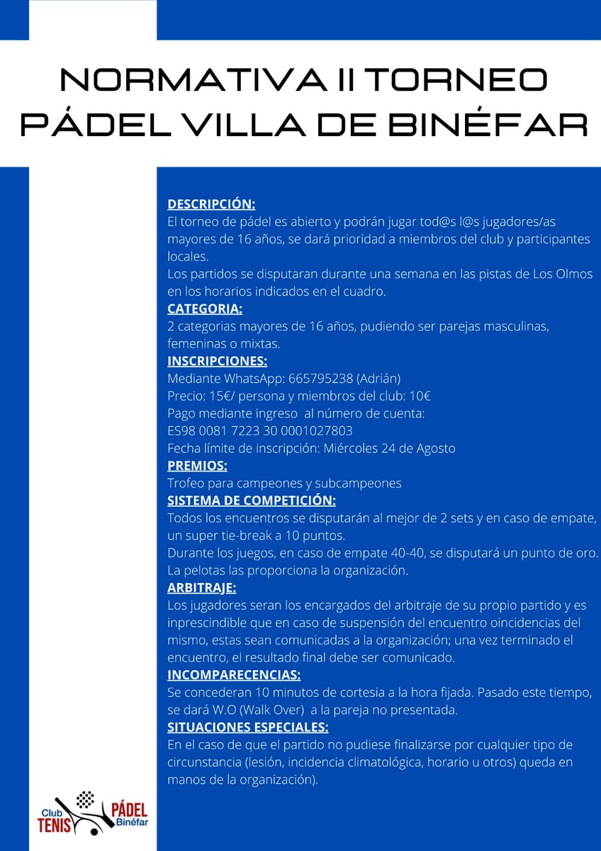 CTPBinefar's tweet photo. 🙋🙋‍♂️ Buenas tardes a tod@s.

👉 Ahora sí anunciamos...

🎾 II Torneo Pádel Villa de Binéfar🎾

🗓️ Del 29 de Agosto al 04 de Septiembre

🤼‍♀ 2 Categorías

Femenina, masculina o mixta, es indiferente

+inf en cartel y bases.

🫵 Anímate.

#binefar
#clubtenispadelbinefar
#padel https://t.co/2tLRJPDu5L
