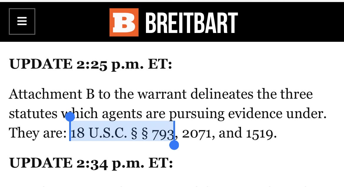 What are the chances Breitbart realizes they just disclosed the Mar-a-Lago search is part of an Espionage Act investigation
