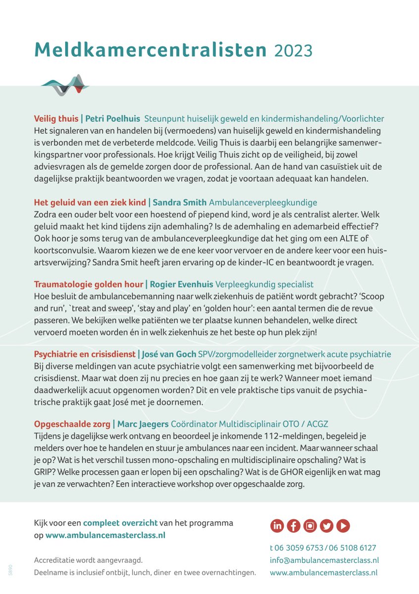 Ambumasterclass's tweet photo. Het programma voor de Ambulance Masterclass voor meldkamercentralisten!

Wordt jij gelijk enthousiast? Schrijf je snel in via de website https://t.co/VDTM032U41

#ambulancemasterclass #ambulance #masterclass #ambulancezorg #zorg #meldkamer #meldkamercentralisten https://t.co/wdglRW36Vg