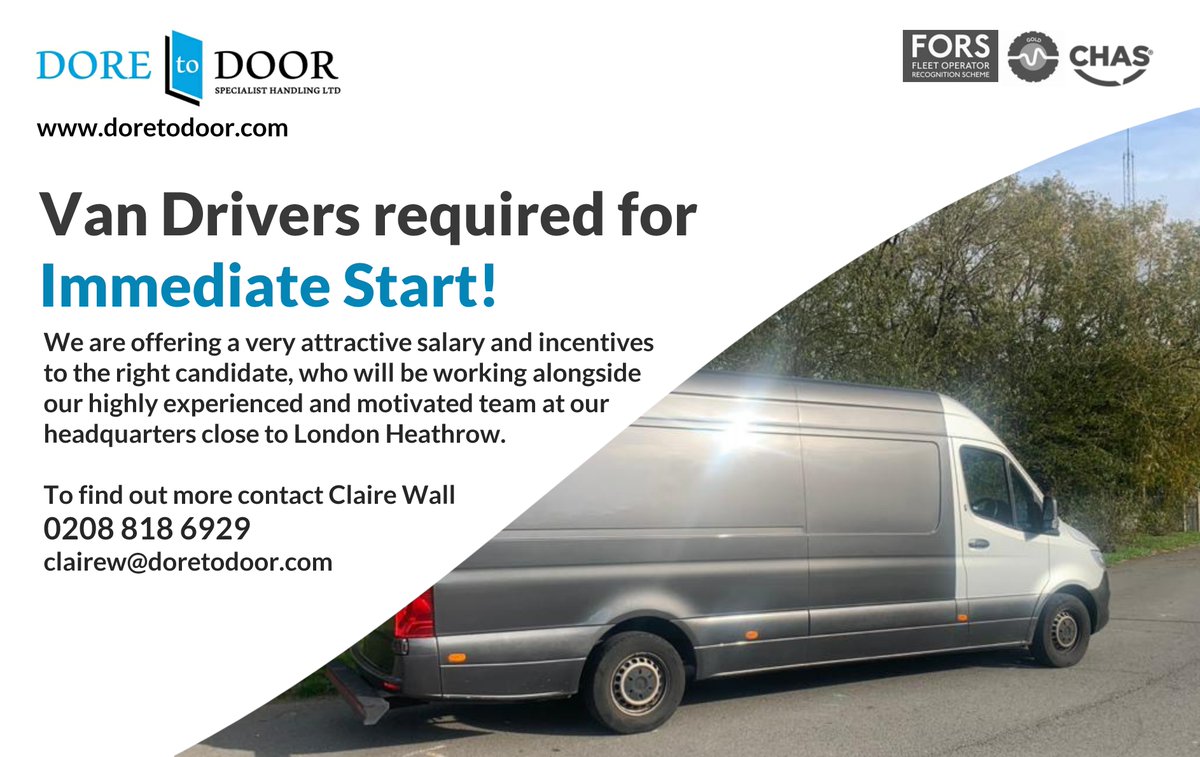 DoreToDoor2018's tweet photo. Van Drivers required for immediated start! 
Attractive salaries and incentive packages. For further details or to apply please contact Claire Wall clairew@doretodoor.com
Tel: 0208 818 6929
#vandriver #vacancy #heathrow #westlondon #drivingjobs https://t.co/26azsedmIH