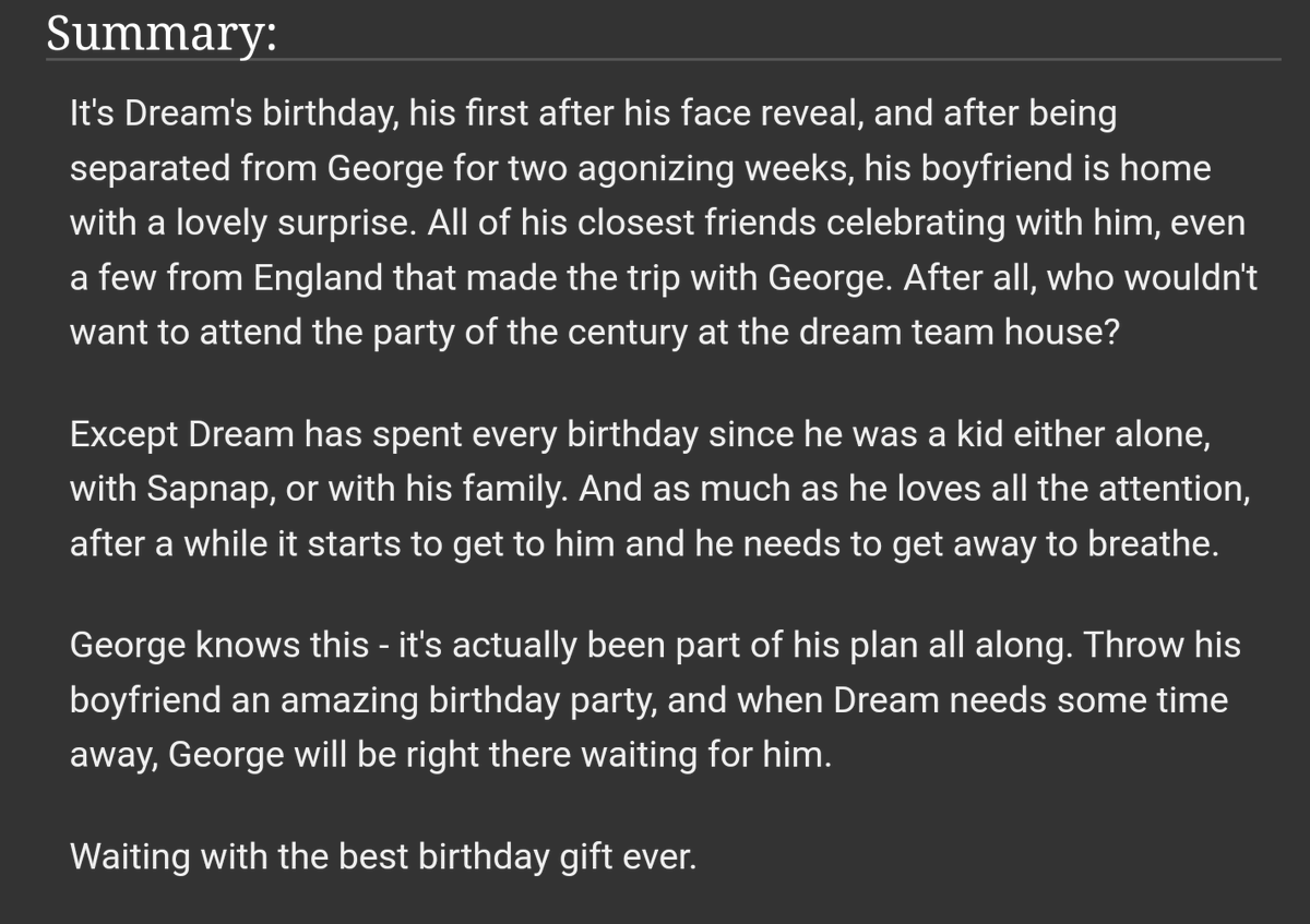 PenNotFound's tweet photo. Beyond excited to present to you all my dnf birthday fic for #DREAMDAYS2022 

 right here (waiting for you)

Day one prompt - surprise party

~ dnf oneshot, 9.8k words, mature
~ link: https://t.co/KcuNZBKgF7

rt’s and kudos always appreciated, love you all! https://t.co/4NWHNNEsHy