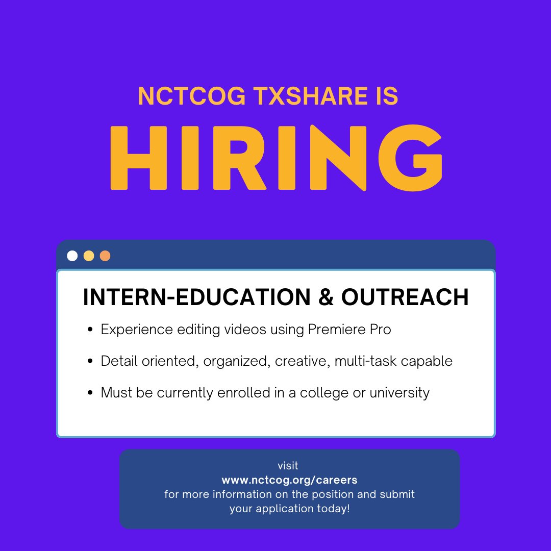 TXSHARE is hiring! Click the link below for more information 🖱🖥 jobs.silkroad.com/NCTCOG/Careers #jobopportunity #txshare #nowhiring #nctcog