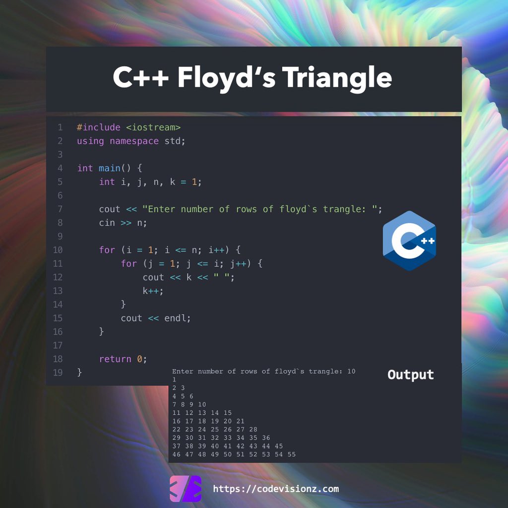 codevisionz's tweet image. C++ Floyd‘s Triangle Code Example.

codevisionz.com/lessons/c-code…

#cpp #cppprogramming #cpptutorial #cpplus #cplusplus #cplusplusprogramming #cpluspluscode #developer #code #codes #coding #learntocode #learncode #learncoding #learnprogramming