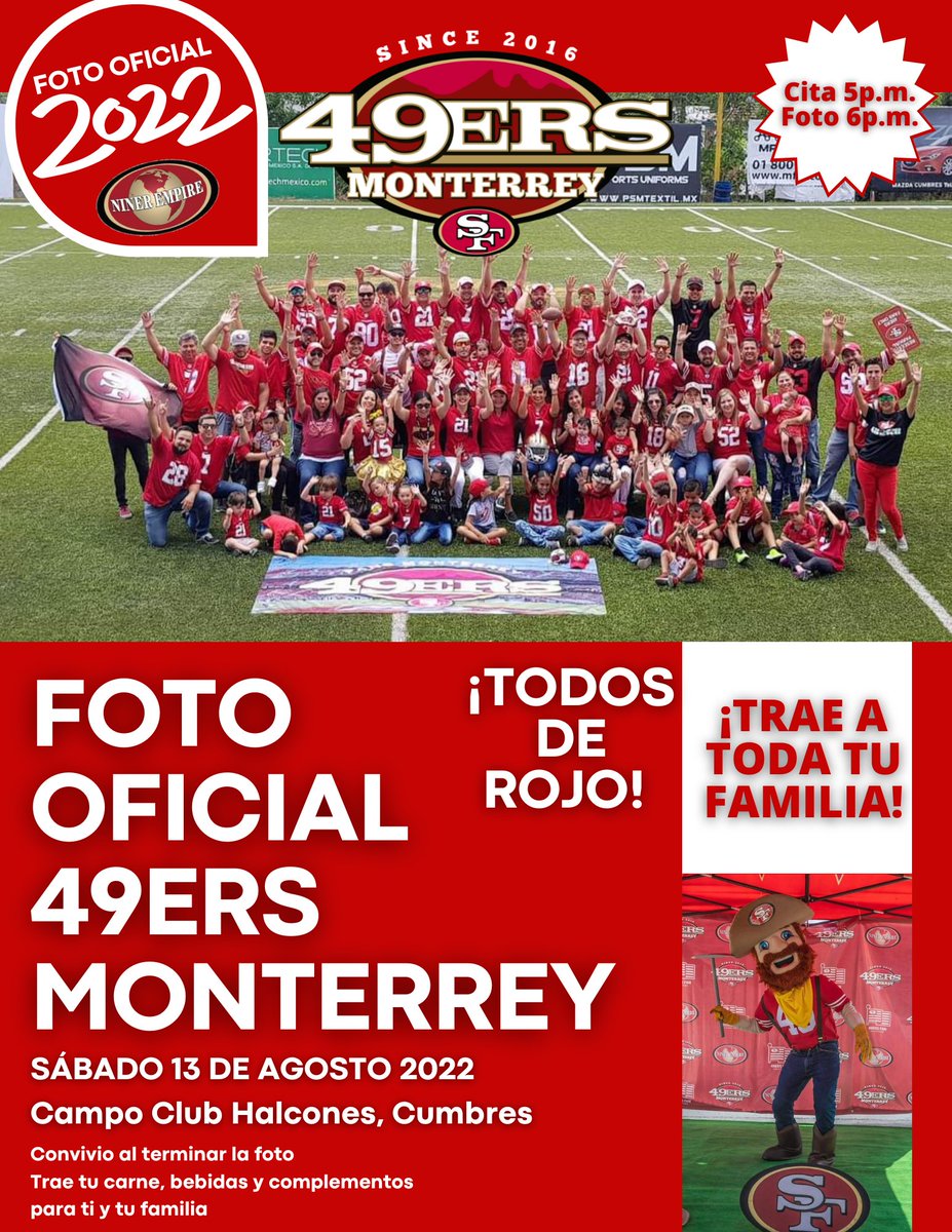 49ersMonterrey's tweet photo. *Buen día 49ers, se llegó el día de la foto oficial de 49ers Monterrey 2022 😎🙌* 

Habrá fotos con Sam, fotos familiares, individuales o en pareja para el recuerdo con sus jerseys/playeras 49ers

Vamos por superar la asistencia de la foto oficial 2019 🙌🙌  ¡No faltes! https://t.co/wWxRSi7IDb