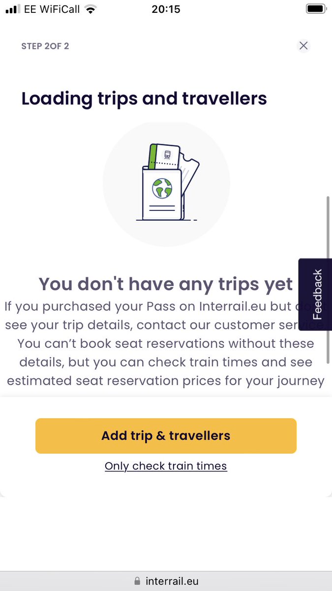 patrickcosh's tweet photo. @Interrail Hi. I’ve got a global one-month pass and have created a trip and added inward and outward journeys (Eurostar). I’ve logged into the web portal but account doesn’t seem to have synced to the app - it says I don’t have any trips (see attached). Is it possible to advise? https://t.co/z4eOcty9kz