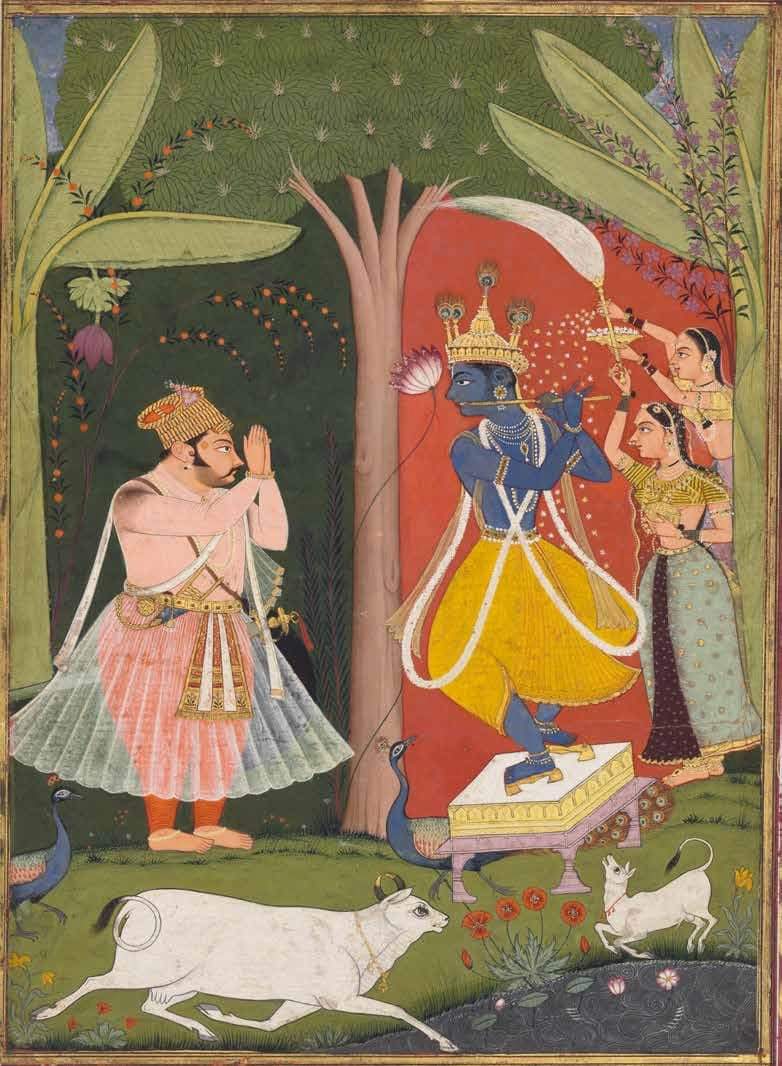 A fluting Bhagavān Shri Krishna being saluted by Rao Madho Singh of Kota. The rulers of Kota were from the Hada sept of the Chauhan Rajput.