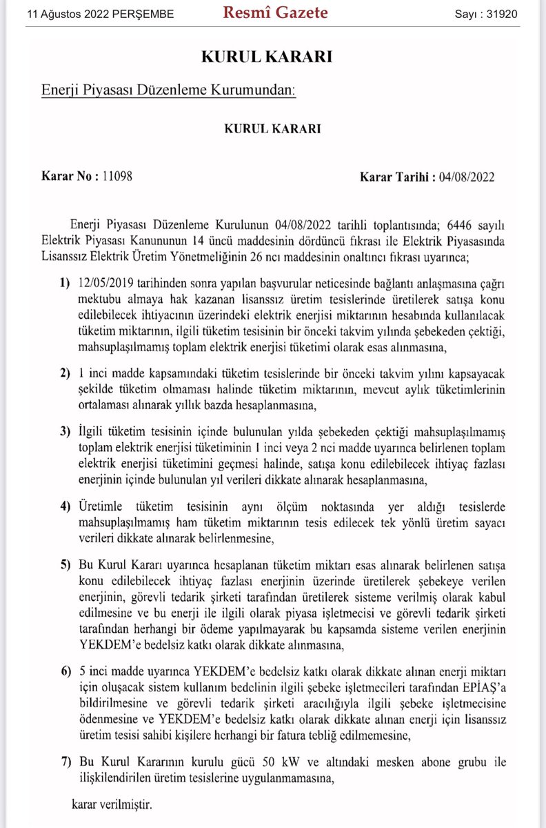 #EPDK Bu karar Hukuksuzdur  ,Kanunların geçmişe yürürlüğü hangi hukuk sisteminde vardır .!  Amaç kendi Halkına düşmanlıktır.GES’i suistimal eden EPDK’dır.Amaç belli Enerji işini Birleşik arap emirliklerinin Tekeline koymaktır. #chp #deva #AKParti