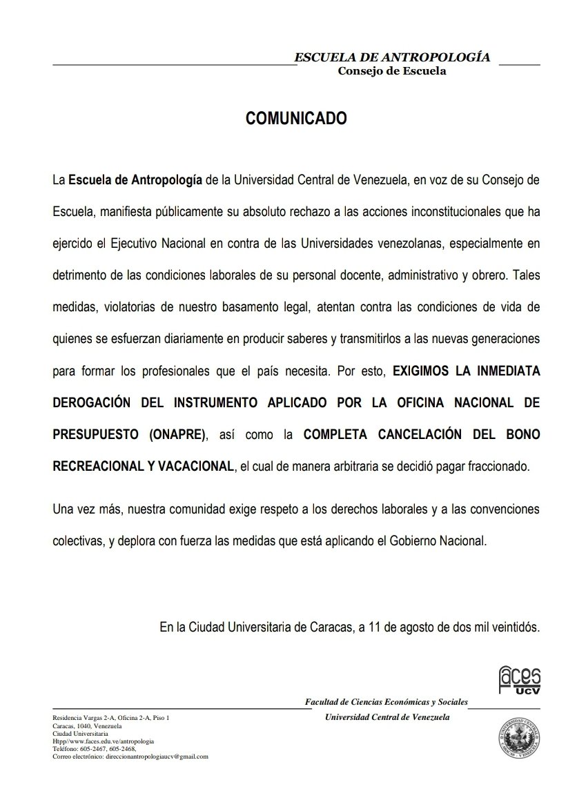 El Consejo de Escuela de Antropología a la opinión pública nacional e internacional: ¡RECHAZAMOS LAS CONSTANTES AGRESIONES A LA UNIVERSIDAD VENEZOLANA!