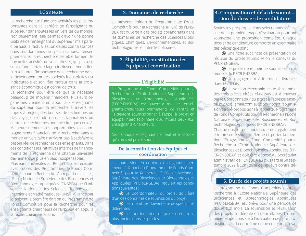 [ APPEL À CANDIDATURE POUR LES FONDS COMPETITIFS DE RECHERCHE DE L’ÉCOLE NATIONALE SUPERIEURE DES BIOSCIENCES ET BIOTECHNOLOGIES APPLIQUEES (ENSBBA) DASSA-ZOUME ] fb.me/e/3FLMlT4Uh