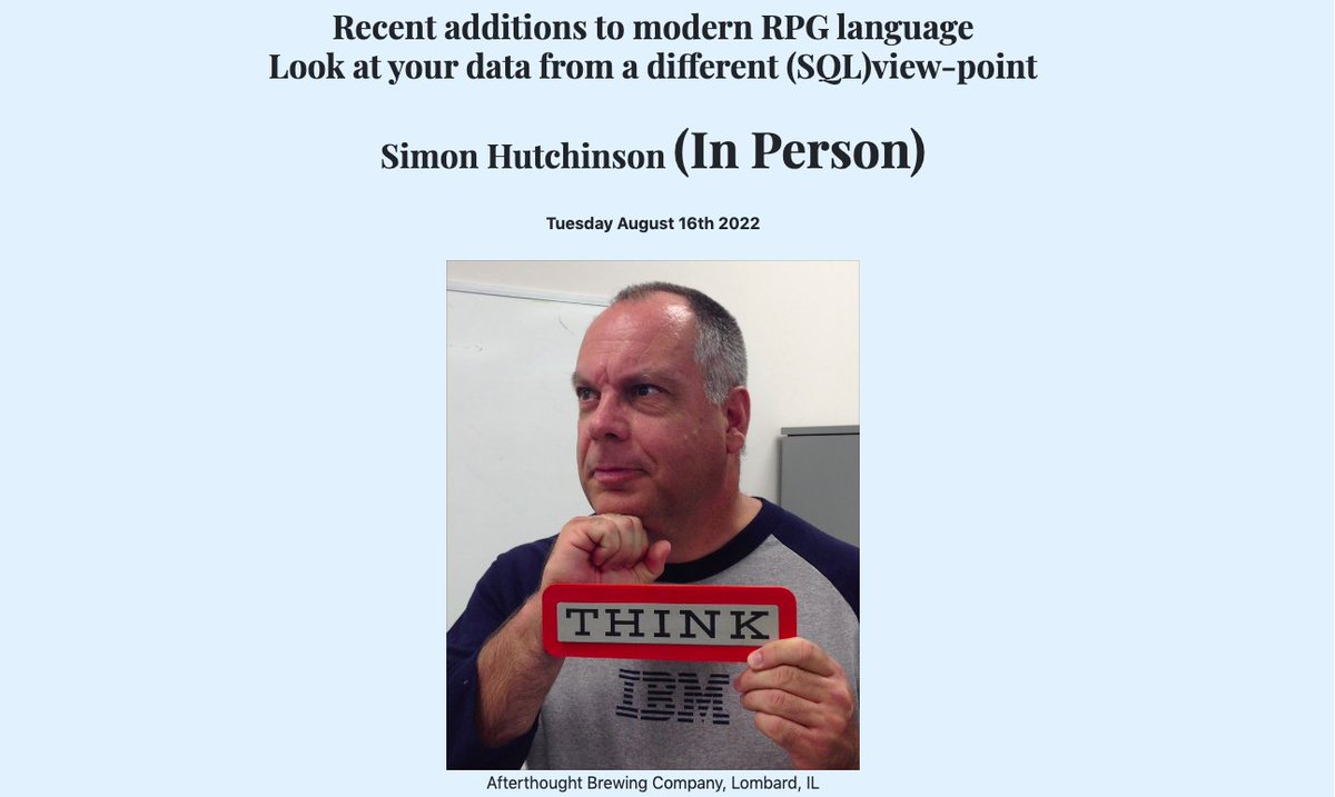 register for Tuesday! #RPG &amp; #SQL Brewpub Pizza Party! 

Simon Hutchinson <a href="/RPGPGM/">Simon Hutchinson</a> In Person on… 
"Recent additions to modern RPG language"
"Look at your data from a different (SQL)view-point" 
 
get details &amp; register now at…
    omniuser.org

#ibmi #ibmchampion
