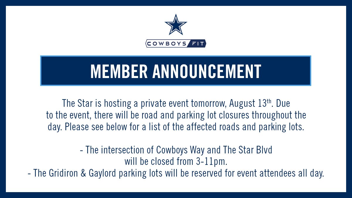 Please see below for a member announcement regarding traffic at The Star tomorrow.

#CowboysFit