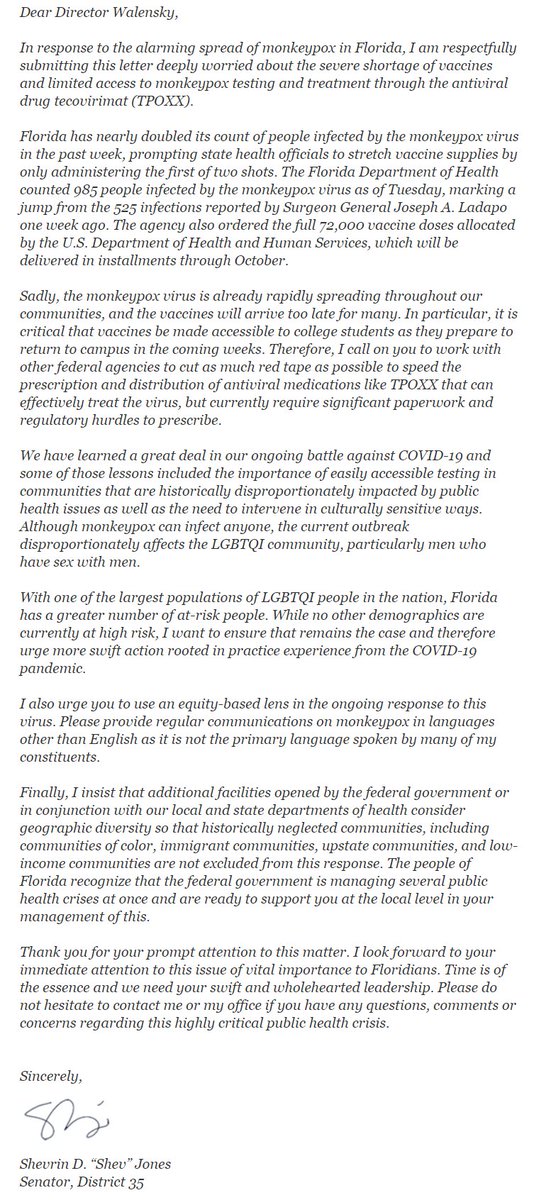 JesseScheckner's tweet image. Inbox: Miami Gardens state Sen. @ShevrinJones is calling on @CDCDirector Rochelle Walensky to expand access to #Monkeybox vaccines &amp;amp; testing in Florida. Letter to Walensky, submitted via certified mail, also requests access to antiviral meds like TPOXX as cases rise in the state.