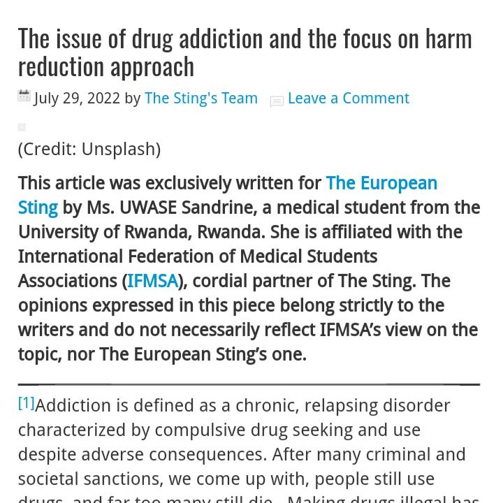 Sandrine_U (@uwasesandrine7) on Twitter photo It is with great delight to get my voice published, through writing at the <a href="/europeansting/">The European Sting</a> paper. It focuses on the harm reduction approaches to problematic drug use and addiction.
"Harm Reduction is a way of engaging people as part of that path to recovery." Paul R. Ehrlich. It is with great delight to get my voice published, through writing at the <a href="/europeansting/">The European Sting</a> paper. It focuses on the harm reduction approaches to problematic drug use and addiction.
"Harm Reduction is a way of engaging people as part of that path to recovery." Paul R. Ehrlich.
