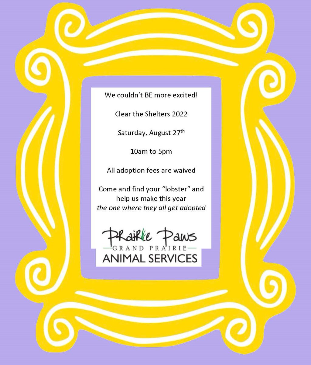 GPAS_TX's tweet photo. The one where they all get adopted!
#PrairiePaws is participating in #CleartheShelter on Saturday, August 27. Adoption fees are waived for all pets adopted on this day.
View adoptable pets ➡️ https://t.co/wx1v6BlOWg https://t.co/smv0YWikbG