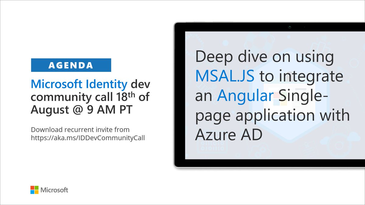 Microsoft365Dev's tweet photo. 📅 Agenda for the #MicrosoftIdentity Monthly Community Call on 18th August 9 AM PT
✅ Topic - Deep dive on using MSAL.JS to integrate an Angular Single-page application with Azure AD
👋 Join the call → https://t.co/hppWuvV1NY #Microsoft365dev #azuread https://t.co/SU0FrQtg57