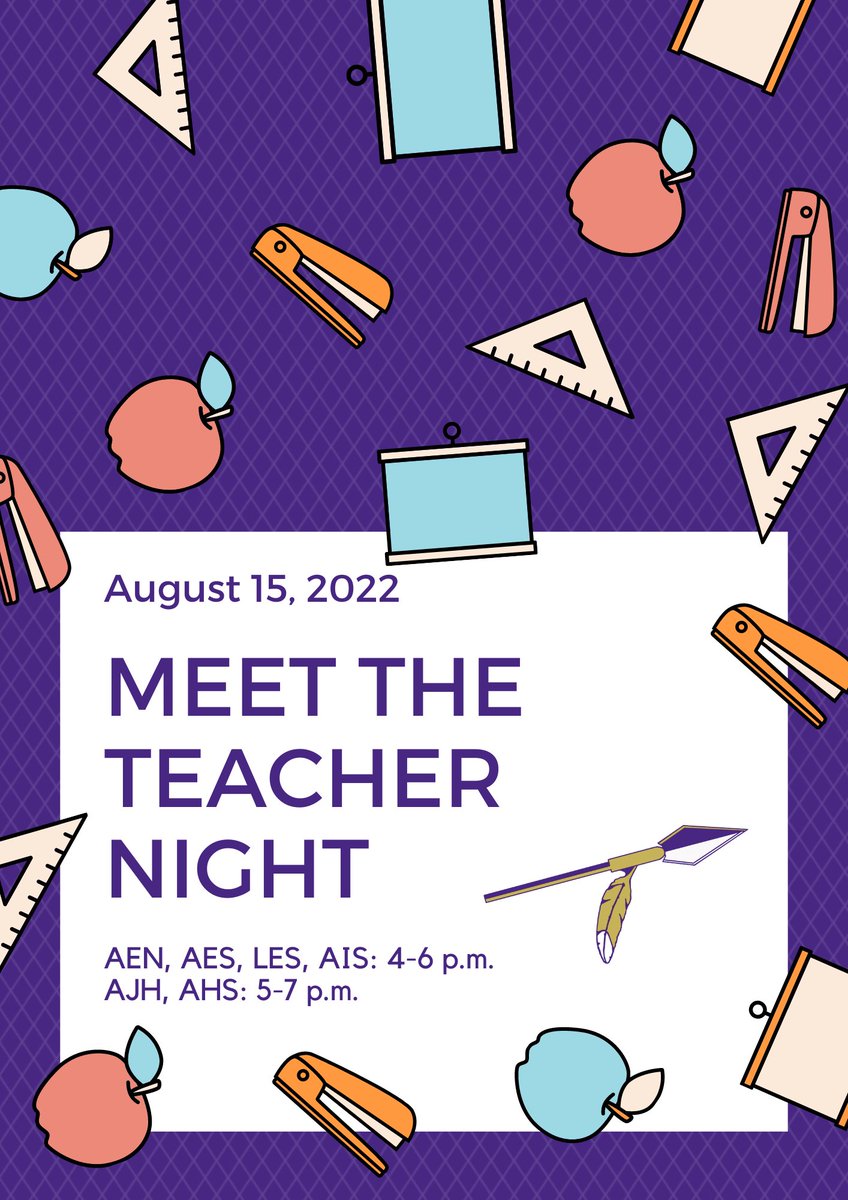 MEET THE TEACHER NIGHT: Each campus will be hosting Meet the Teacher Night on Monday, August 15.

Elementary Schools (AEN, AES, LES, AIS): 4-6 p.m.
Secondary Schools (AJH, AHS): 5-7 p.m.