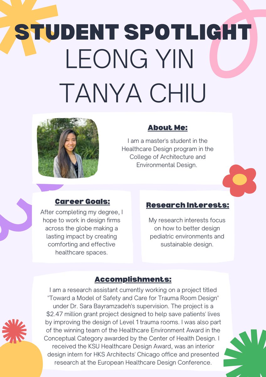 GradCollege_KSU's tweet photo. For this week's Graduate Student Spotlight, we are featuring Leong Yin Tanya Chiu! #GraduateSchool #GraduateCollege #GraduateStudents #KSU #Ohio #PhD #Masters #KentStateUniversity #GoldenFlashes #BlueandGold #Academia #AdvancedDegree #StudentSpotlight #HigherEd #HealthcareDesign https://t.co/32ohweICwl