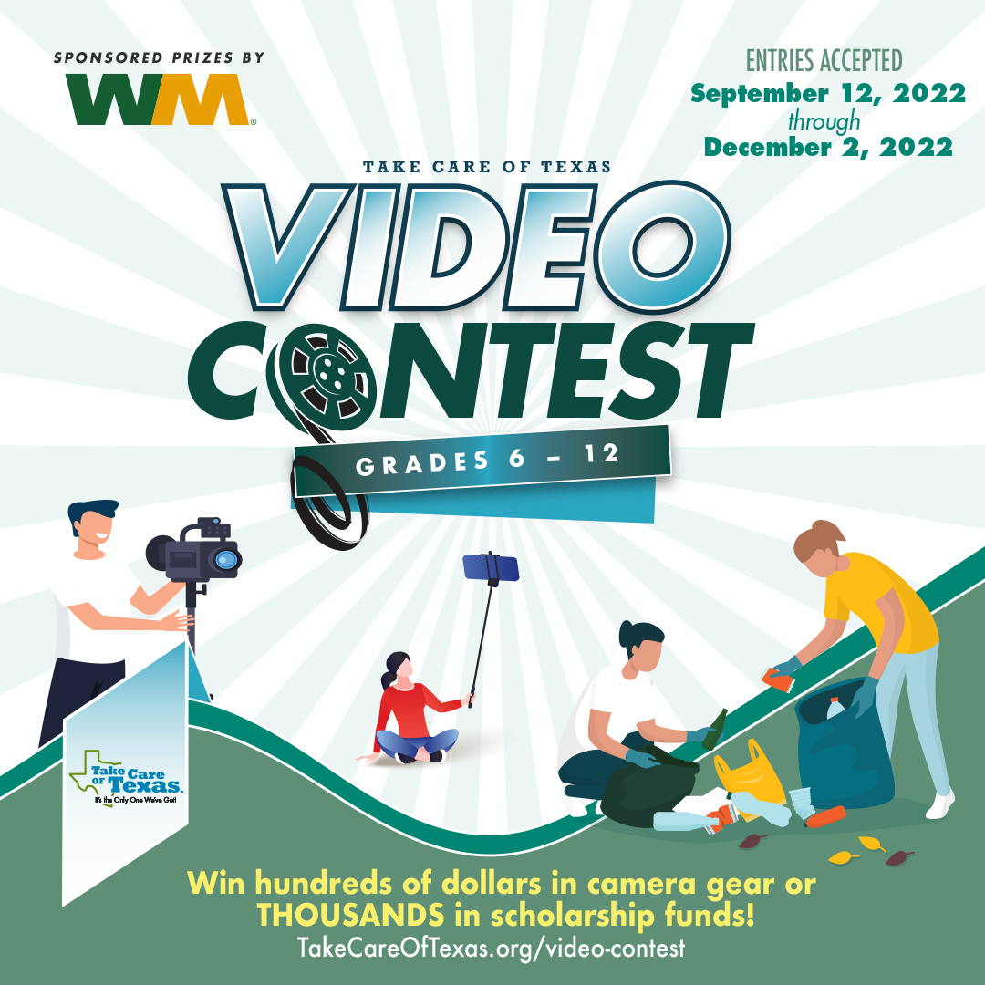 TakeCareOfTX's tweet image. Save the date! 🤩 The annual #TakeCareOfTexas Video Contest opens Sept. 12th! 6th-12th graders can win scholarship funds or money for camera gear! 

Get the details at TakeCareOfTexas.org/video-contest