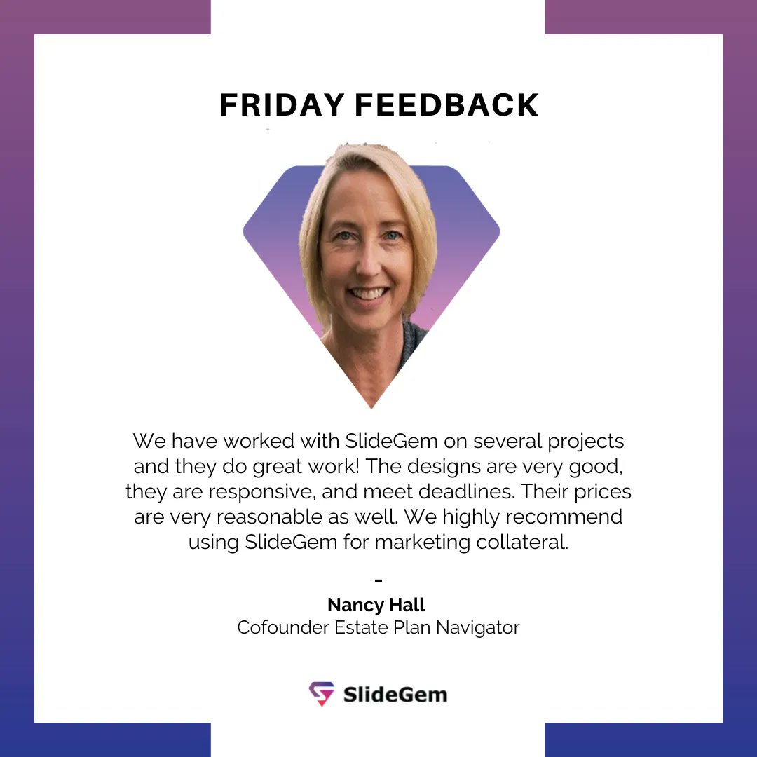 SlideGem's tweet image. See what people say about us!
Contact us today:
📨 Email: Hi@slidegem.com
📲 WhatsApp: +92 3096 302626
.
.
. 
#FridayFeedback #SlideDesigner #ProPresentationDesigner
#testimonial #Powerpoint #designthinking #visualdesign