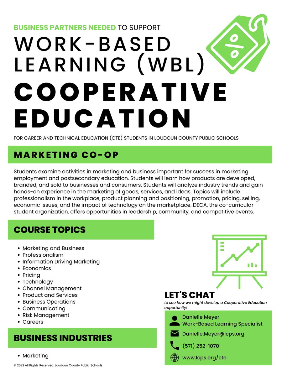 Danielle Meyer (@daniellenmeyer) on Twitter photo Currently seeking business partners to support the following student cooperative education experience. Please share with those who might be interested. If you are interested in chatting, email me at Danielle.Meyer@lcps.org. Currently seeking business partners to support the following student cooperative education experience. Please share with those who might be interested. If you are interested in chatting, email me at Danielle.Meyer@lcps.org.