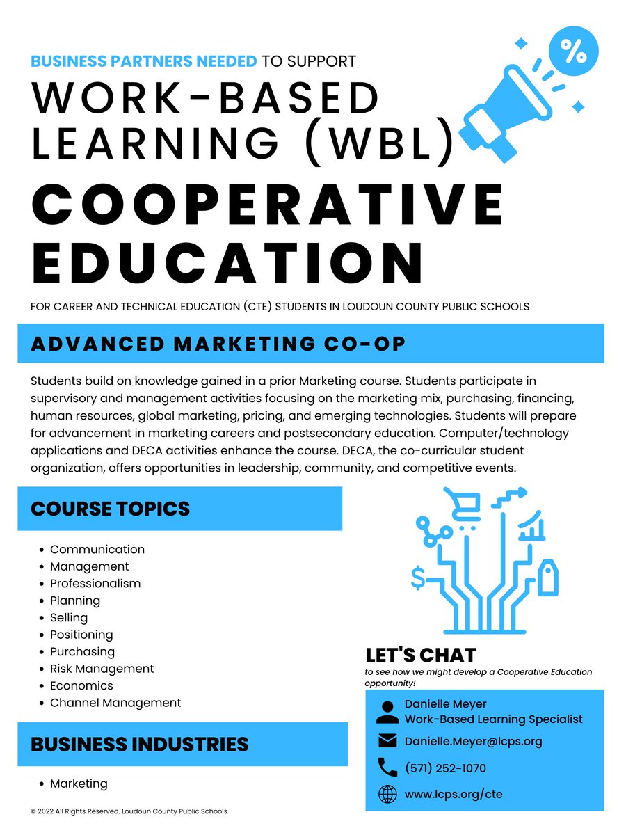 Danielle Meyer (@daniellenmeyer) on Twitter photo Currently seeking business partners to support the following student cooperative education experience. Please share with those who might be interested. If you are interested in chatting, email me at Danielle.Meyer@lcps.org. Currently seeking business partners to support the following student cooperative education experience. Please share with those who might be interested. If you are interested in chatting, email me at Danielle.Meyer@lcps.org.