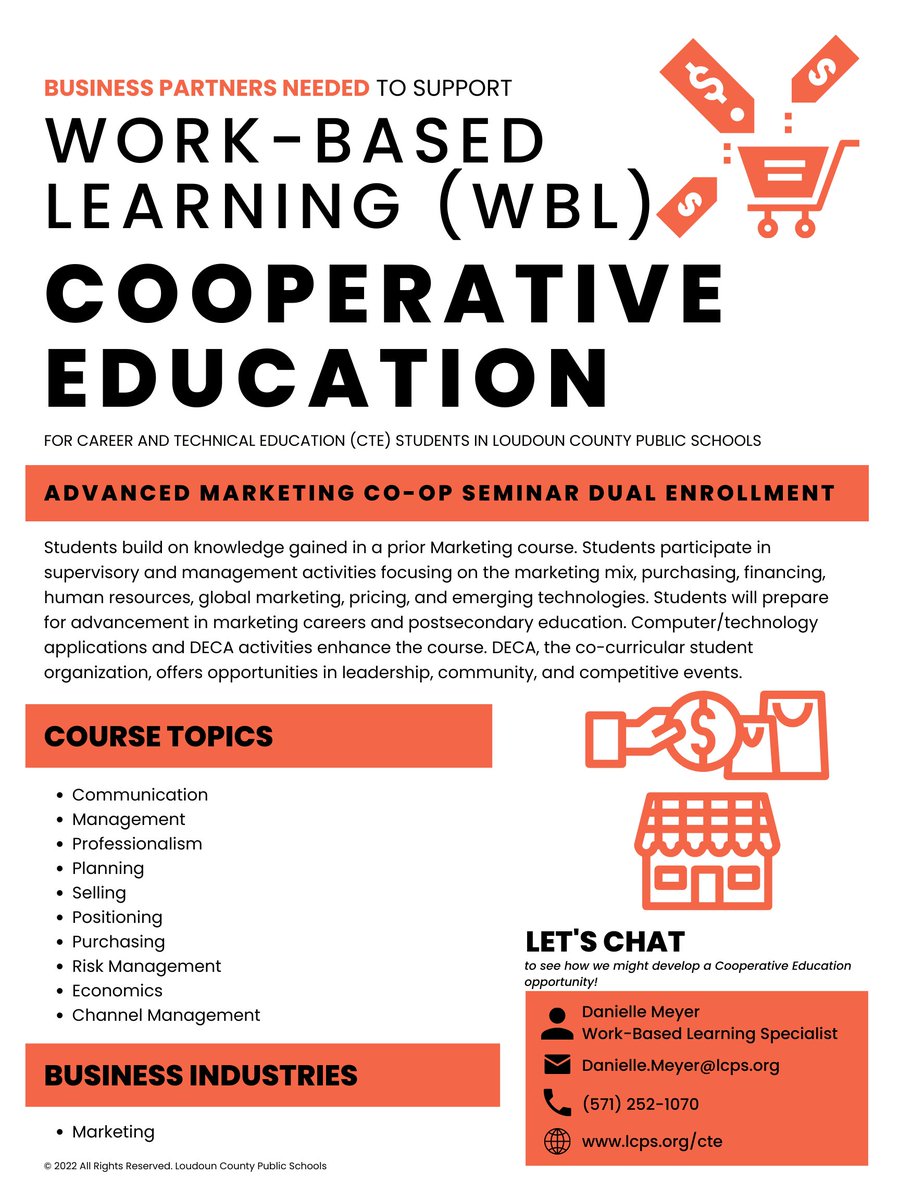 Danielle Meyer (@daniellenmeyer) on Twitter photo Currently seeking business partners to support the following student cooperative education experience. Please share with those who might be interested. If you are interested in chatting, email me at Danielle.Meyer@lcps.org. Currently seeking business partners to support the following student cooperative education experience. Please share with those who might be interested. If you are interested in chatting, email me at Danielle.Meyer@lcps.org.