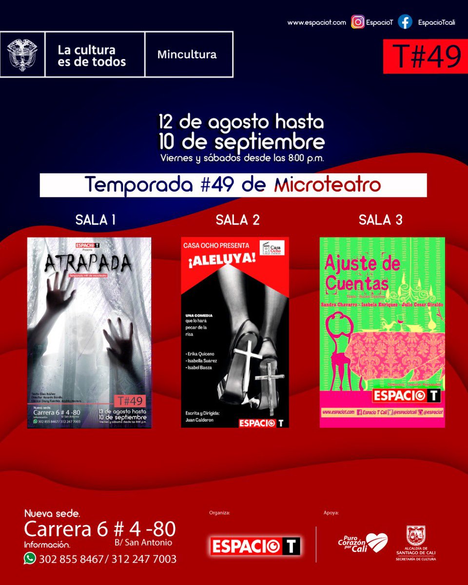 espaciotcali's tweet photo. Hoy GRAN ESTRENO temporada #49,los esperamos viernes y sábado a partir de las 7pm. Temporada de Salas Concertadas con el apoyo de @mincultura @AlcaldiaDeCali @CaliCultura #espaciot #microteatroencali #sanantoniocali #cali #quehayparahacerencali #teatroencali #Petronio2022 https://t.co/n0tro1p7hz