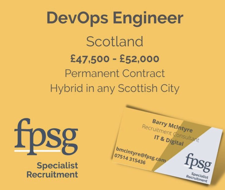 *NEW JOB**
DevOps Engineer 
Scotland - Hybrid
£47,500 - £52,000
bmcintyre@fpsg.com
07514 315436

lnkd.in/e9JKwumg

#devopsengineers #devops #IT_FPSG #ScotlandIT #glasgowjobs #edinburghjobs #perthjobs #Invernessjobs #ITrecruitment #Scotlandjobs
