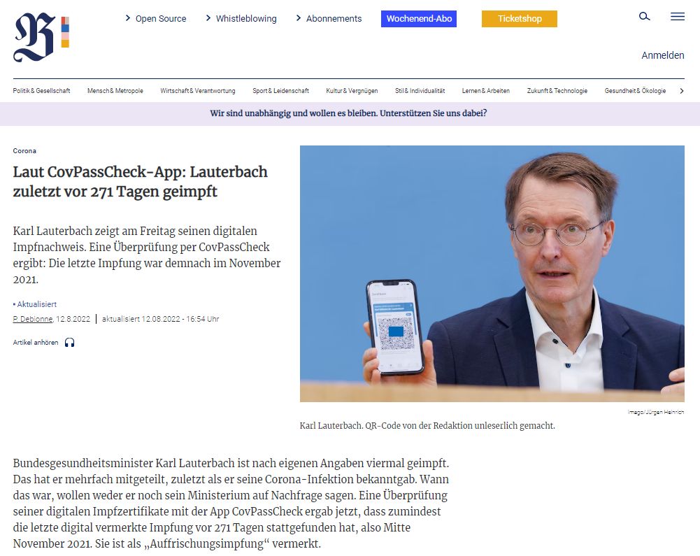 behindthematrix's tweet photo. Laut CovPassCheck-App: Lauterbach zuletzt vor 271 Tagen geimpft 🤔
Karl #Lauterbach zeigt am Freitag seinen digitalen Impfnachweis. Eine Überprüfung per #CovPassCheck ergibt: Die letzte Impfung war demnach im November 2021.
#LauterbachRuecktrittSofort https://t.co/LWaBXZoDoz