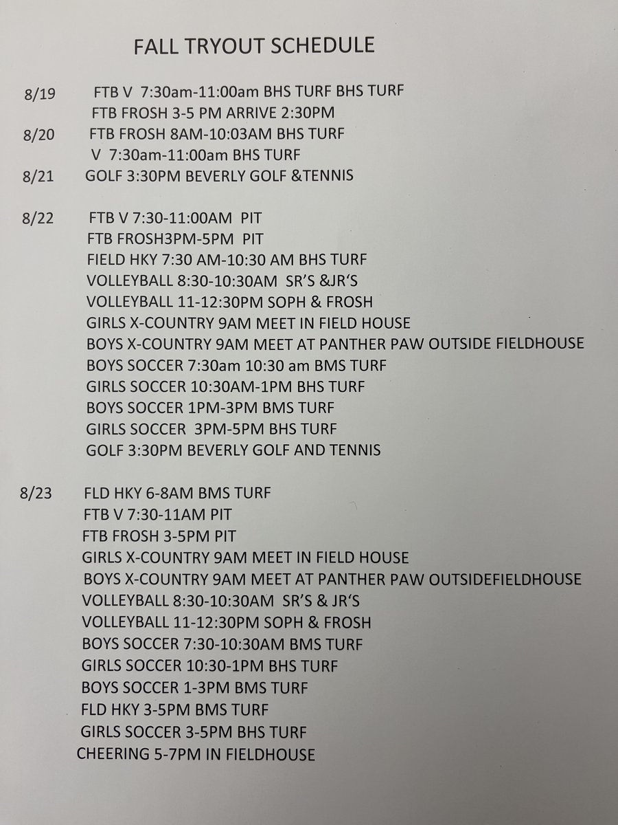 Hope everyone is registered and ready to go.  Please remember if you are not registered you cannot tryout until you have competed the registration.  This is going to be a great fall at BHS.  GO PANTHERS