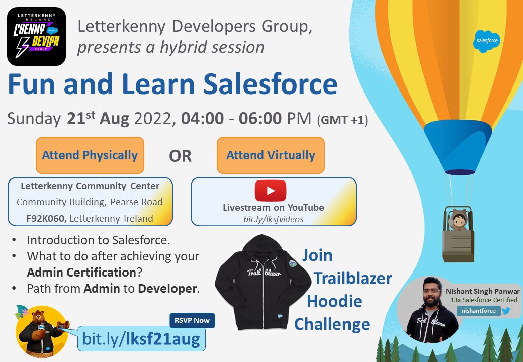 LK_Sf_Devs's tweet image. Get ready for another fun and learning session bit.ly/lksf21aug
📆 21 Aug 2022, 04:00 PM GMT+1
🔸Intro to @Salesforce
🔹What to do after #Admin #Certification?
🔸Path from Admin to #Developer
🔹Networking and Food
🔸Swags
🏆 Participate in Trailblazer Hoodie Challenge