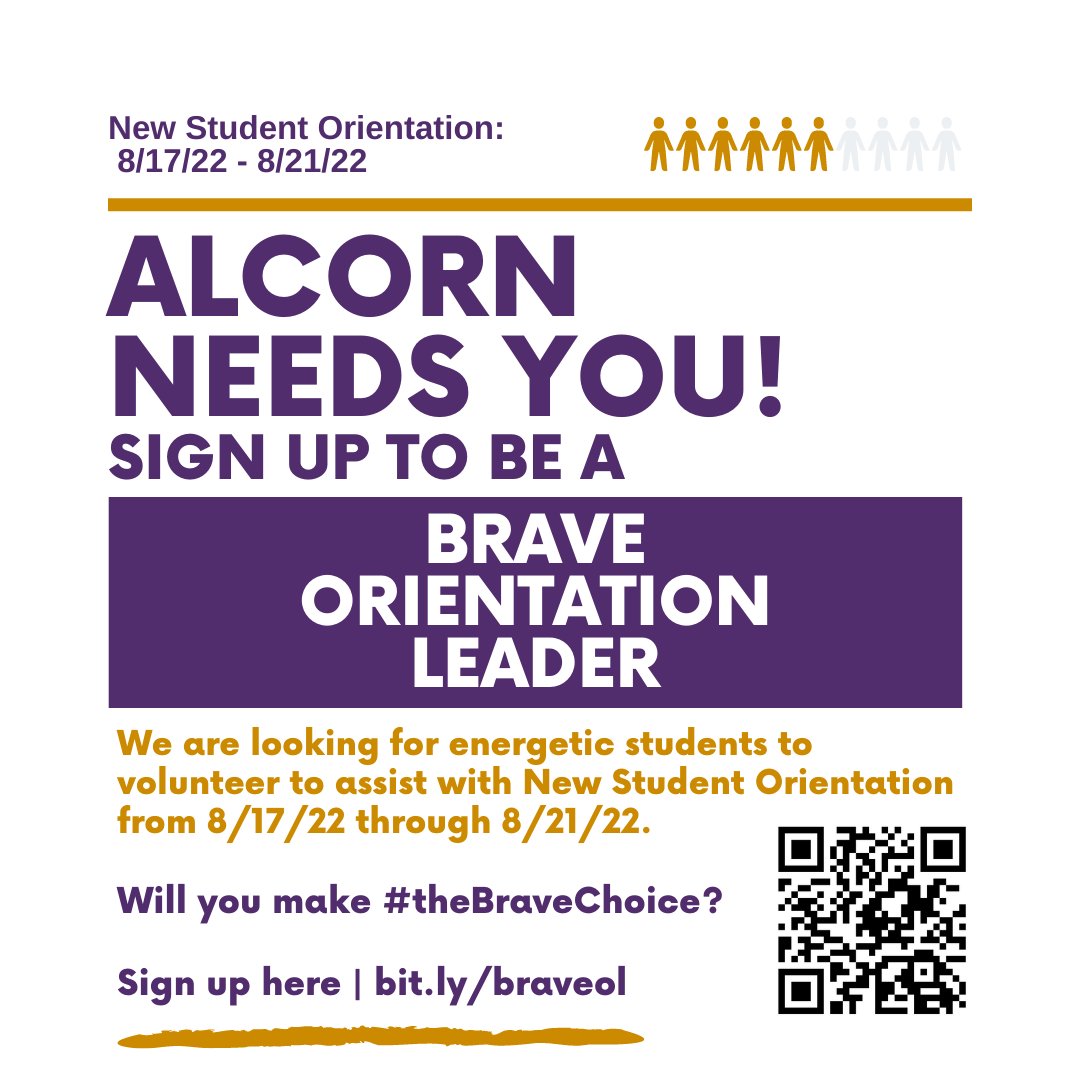 AlcornDOS's tweet photo. Hey Braves! New Student Orientation is coming up! We need you to be Brave Orientation Leaders!  This opportunity is only open to current students! Make #TheBraveChoice 
 
Sign up at https://t.co/lLZBvdUoxH https://t.co/nSNKihcDkw