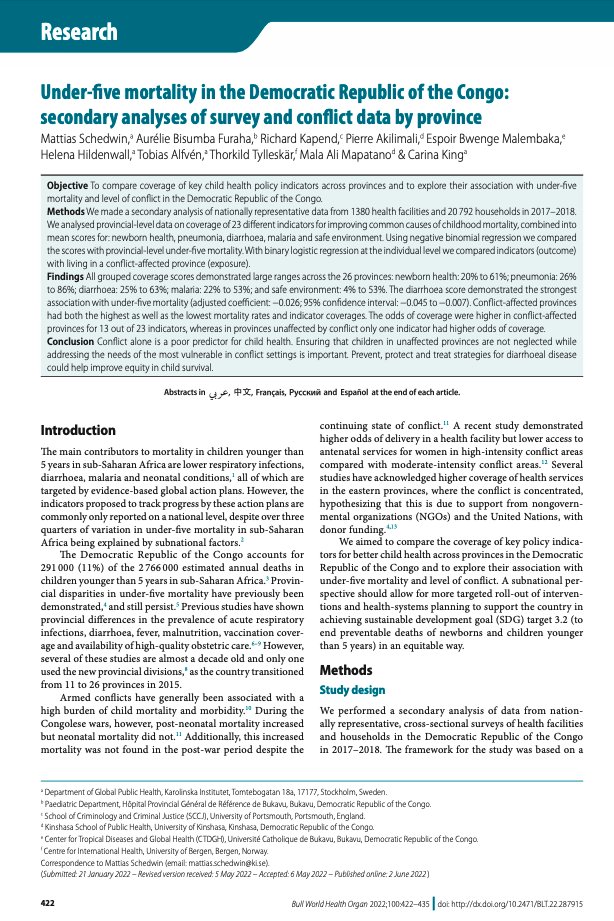 In <a href="/WHOBulletin/">The Bulletin of the World Health Organization</a> we show that conflict alone is a poor predictor for child health in #DRCongo. #Diarrhoea strategies could help decrease subnational #inequities. Sustainable strengthening of the health system is a must to #savelives. #childmortality #SDGs ncbi.nlm.nih.gov/pmc/articles/P…