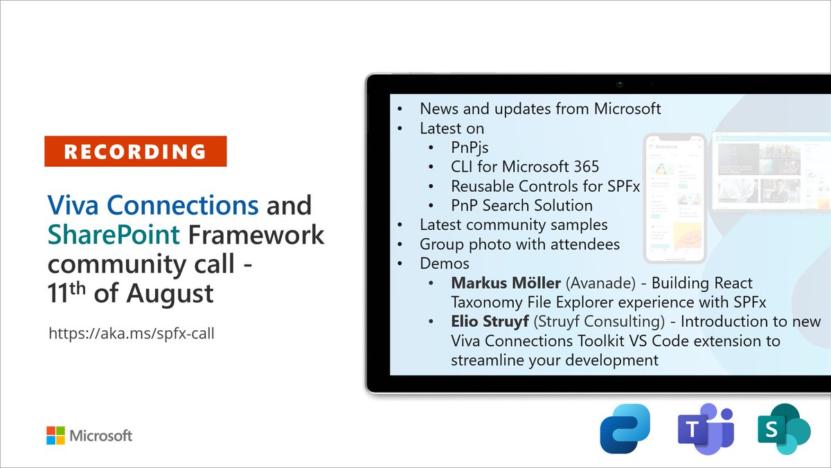 SharePoint's tweet image. 💾 Recording of the #MSFTViva Connections &amp;amp; #SPFx call 11th of August

✅ News and updates
✅ Demos on #PnPjs usage, intro to new Viva Connections VS Code extension and more!🚀
✅ Presented by @Moeller2_0 and @eliostruyf

📝 See details → msft.it/6012jTGdg #Microsoft365dev