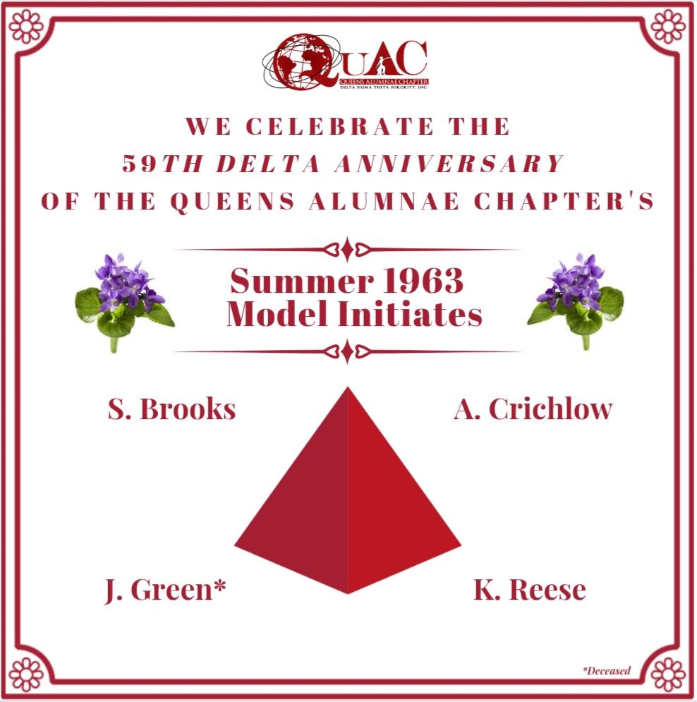 DSTQuAC's tweet photo. Happy 59th Delta Anniversary to the 1963 Model Initiates recommended for membership by the Queens Alumnae Chapter, and initiated at the 27th National Convention in New York.
🔺❤️
#DSTQuAC
#Summer1963
#Modelinitiates
#QuAClineage
#QuACHeritageAndArchives https://t.co/RKnP2071ZQ