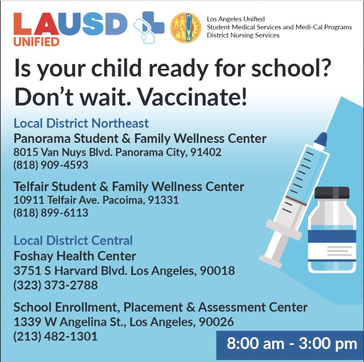 Vaccinate. 
⁦<a href="/LAUSDSup/">Alberto M. Carvalho</a>⁩ 
⁦<a href="/LASchools/">Los Angeles Unified</a>⁩ 
⁦<a href="/LDNESchools/">LDNortheast-ARCHIVE</a>⁩