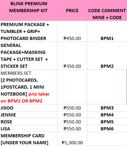 HELP RT
WTB l WTS l LFB l Tingi l PH GO
✨BLACKPINK PREMIUM MEMBERSHIP KIT TINGI
NORMAL ETA
DOP:TBA

✨NEED TO TAKE ATLEAST 80%  TO PUSH
MORE DISCOUNT FOR MORE THAN 2 ITEMS💎

DIRECT WEVERSE😊