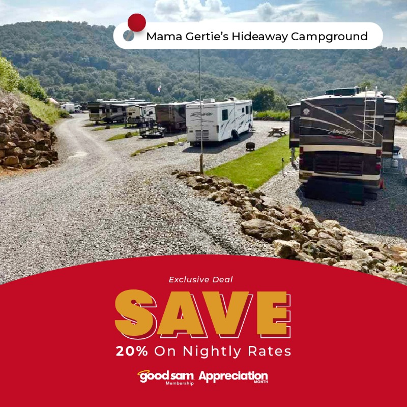 GoodSam's tweet photo. Don't miss out on #GoodSamMemberAppreciation Month and ๐๐ฎ๐๐ฒ ๐ฎ๐ฌ% on nightly stays at Mama Gertie's Hideaway Campground!
Just reserve by 8/31 and complete your stay by 12/31/2022.
#GoodSamCampground
