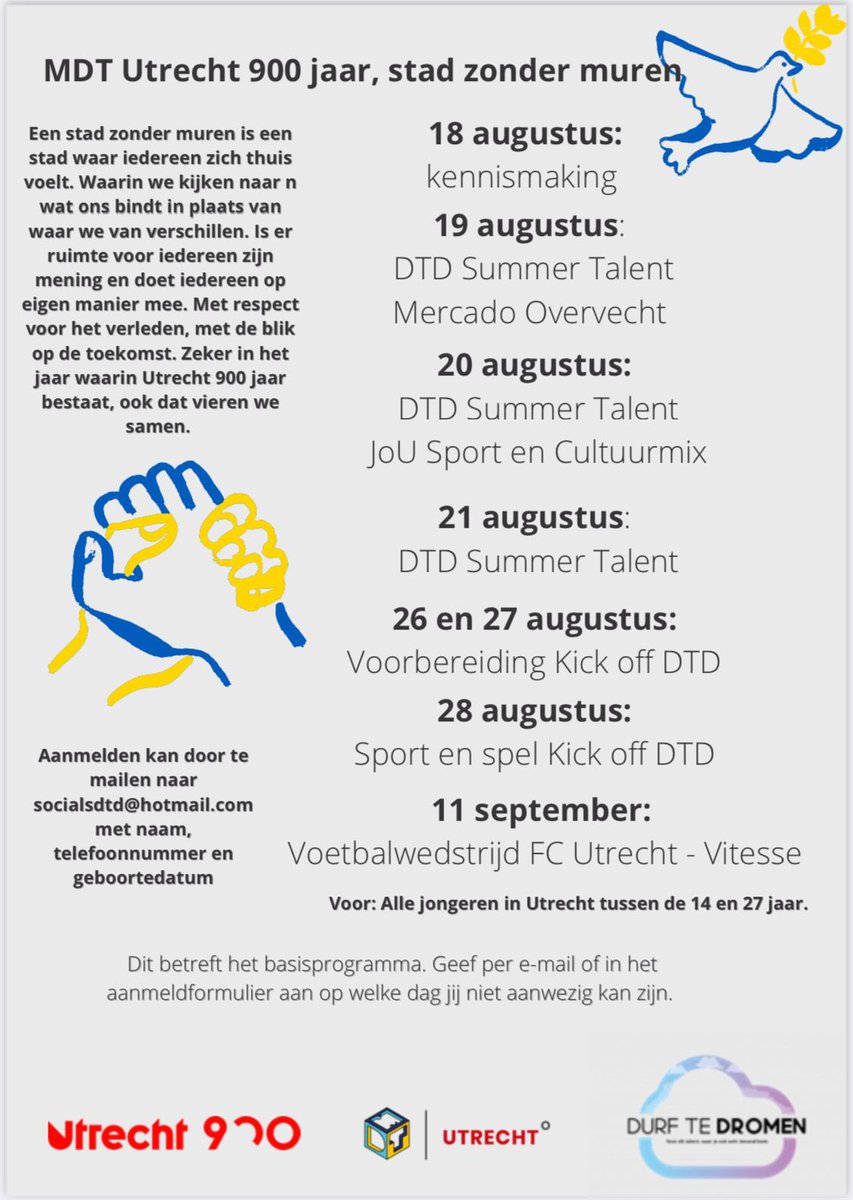 MDT Utrecht 900 jaar, een stad zonder muren. Programma voor jongeren tussen de 14 en 27 jaar waarin ze andere jongeren leren kennen, met elkaar leuke dingen ondernemen en zichzelf ontwikkelen.👇 1/3