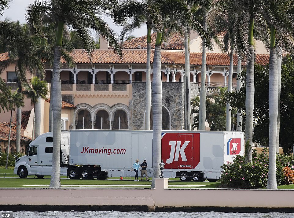 Daily Mail: Around 9.30am Monday Jan 18 2021, two trucks from Sterling, Virginia-based company JK Moving Services were seen parked in front of the club with workers carrying large boxes into the property.