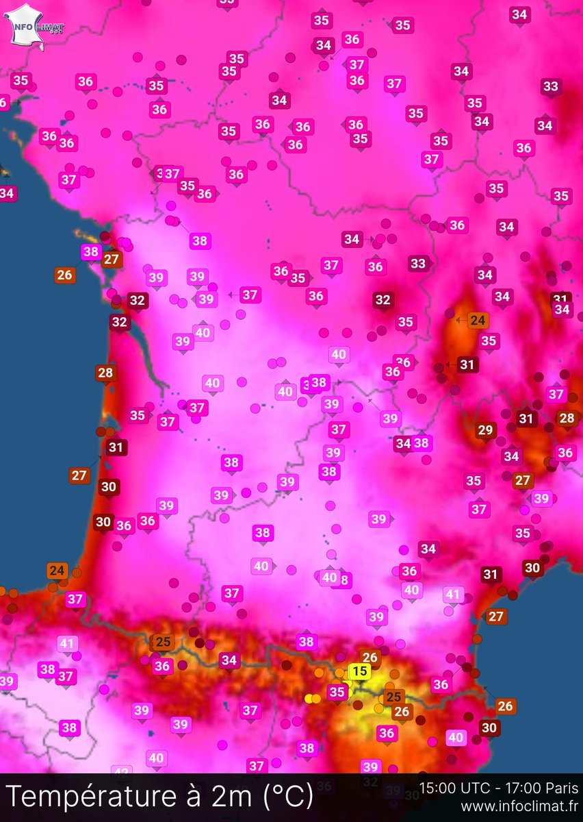 Nombreuses valeurs > 40°C avec 41.8°C à Durban-Corbières, 41.1 au Montat #Lot, 40.6 à Carcassonne, 40.4 à Saintes et Castelnaudary par exemple.
39.8°C à Toulouse ou Albi. #canicule 