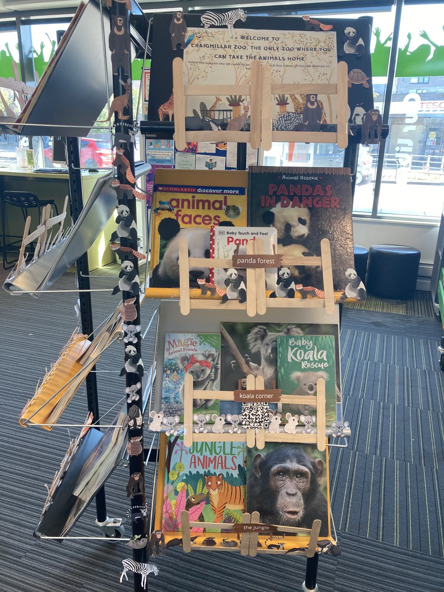 LibrariesNe's tweet photo. The @EdinburghZoo is coming to Craigmillar library next week and so to celebrate we’ve made a zoo of our own. Scan the QR codes to see live streams of the real animals at Edinburgh zoo!! https://t.co/VfRCb2xTSJ