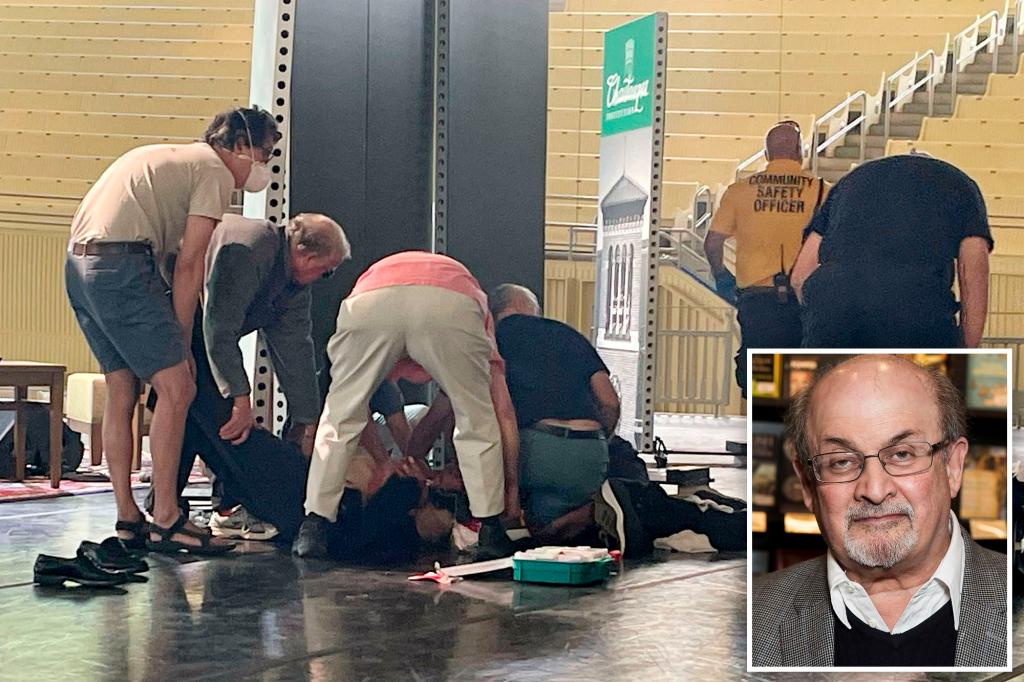 nypost's tweet photo. Salman Rushdie stabbed during appearance in New York https://t.co/OJyzG7DDLW https://t.co/1vObmy5eri