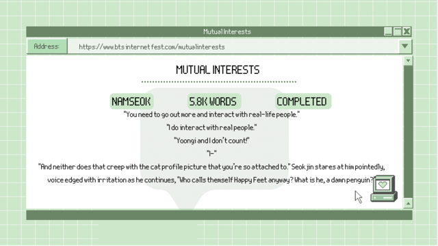 BTSInternetFest's tweet photo. 💎 Mutual Interests💎
💚 Rated: Mature
💚 Strangers to Friends, Friends to Lovers, Online Friendship, First Meetings, NJ Bad At Feelings, HS is Whipped
💚 https://t.co/EQ6dKxTfqE https://t.co/4vkcEyOjDD