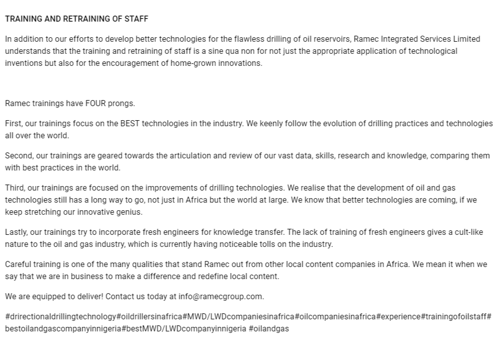 RamecServices's tweet photo. TRAINING AND RETRAINING OF STAFFIn addition to our efforts to develop better technologies for the flawless drilling of oil reservoirs, Ramec Integrated Services Limited understands that the training and retraining of staff is a sine qua non for not just.. https://t.co/gUVnyQlXaK