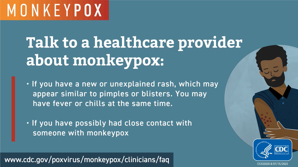 NJDeptofHealth's tweet image. I might have monkeypox, what should I do?

•Contact your healthcare provider right away!
•Avoid close contact with others, including sexual contact.
•Isolate in your home away from those you live with, including pets.

Visit nj.gov/health/cd/topi… for more information