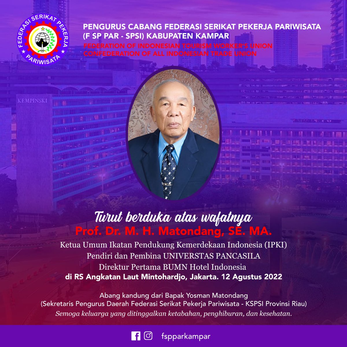 fsppar's tweet photo. Turut Berdukacita Atas Wafatnya Bapak Pelopor Perusahaan Pariwisata Indonesia 🙏🏻
@sesfrika_yanza @Handykopurnomo @kurniawa_budi 
@andani_saputra 
@pers_indonesia 
@Noviefebrianti1 
@Wisata_IDN 
@wisataRiau 
#dukacita #berdukacita #wisata #pariwisata #wisatakampae #fspparkampar https://t.co/fQnPDJp9BU