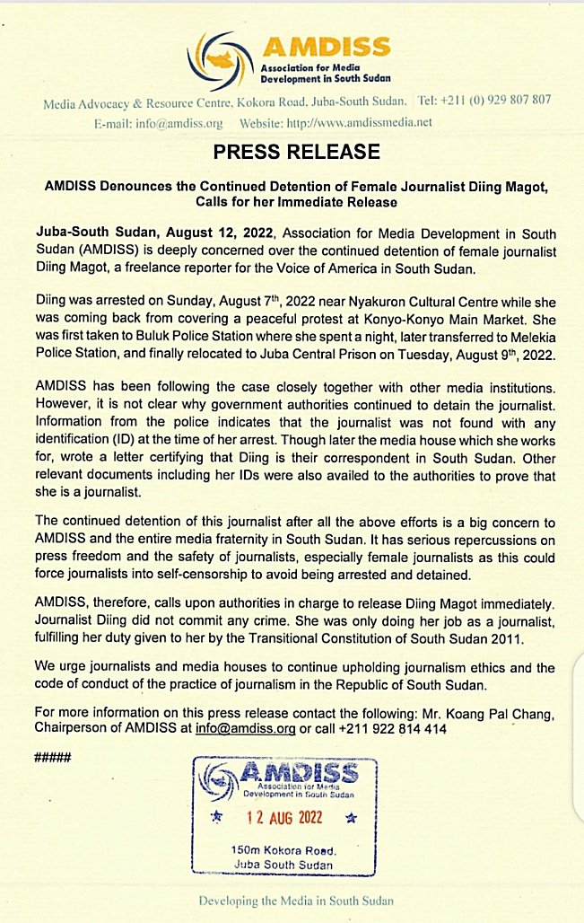 amdissmedia's tweet photo. The continued detention of #DiingMagot is a clear intimidation to journalists to scare them from doing their job. We call for the immediate release of #DiingMagot. @AFEXafrica @IFEX @EyeRadioJuba @RadioMiraya @VOANews https://t.co/e1LbxwjPvd https://t.co/3eeu9G5qNI