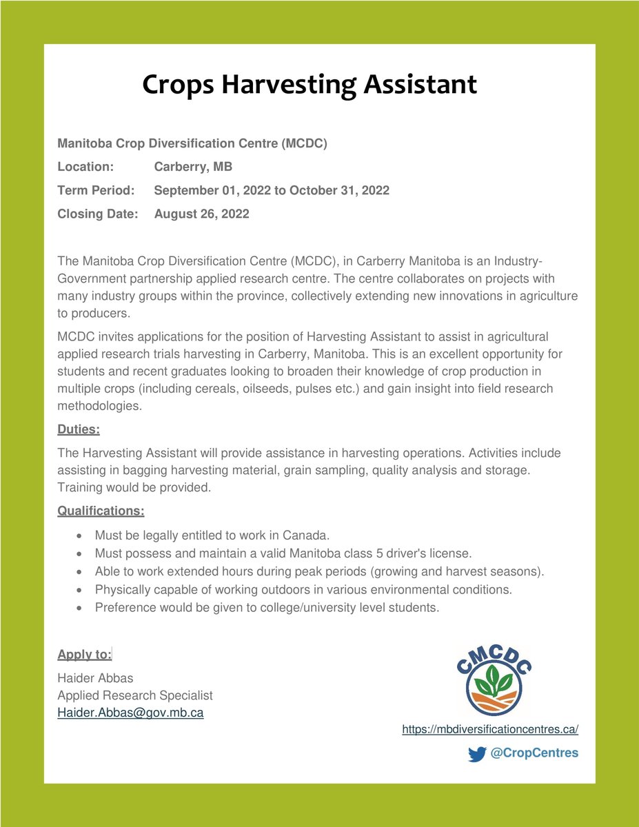 CropCentres's tweet photo. Interested in a #Career in #agriculture and applied research? Want an amazing experience on your resume and the opportunity to connect with multiple industries!
#CMCDC is hiring for assistance in harvesting its operations! Apply Now!
@Haider_Carberry https://t.co/dVPrpaZEf0